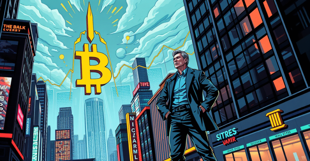 比特币上涨趋势的复古漫画风格封面,展示交易员与上升的比特币符号