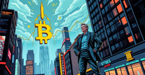 比特币上涨趋势的复古漫画风格封面，展示交易员与上升的比特币符号