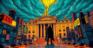 复古漫画风格封面展示比特币符号在经济衰退背景下的崛起，美联储大楼裂缝象征经济不确定性。