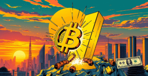 复古漫画风格封面展示比特币与黄金的激烈对决，背景是未来城市和上涨的市场趋势