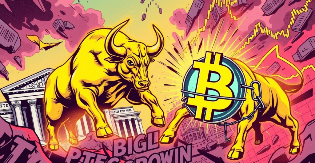 复古漫画风格展示黄金公牛与比特币符号的对比，背景是市场波动图表