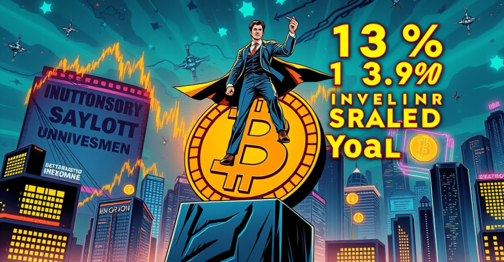 Michael Saylot站在巨大的比特币符号上，背景是上涨的股市图表和霓虹色的数字货币图标，象征Strategy公司比特币投资策略的成功。