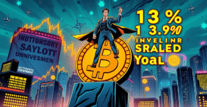 Michael Saylot站在巨大的比特币符号上，背景是上涨的股市图表和霓虹色的数字货币图标，象征Strategy公司比特币投资策略的成功。