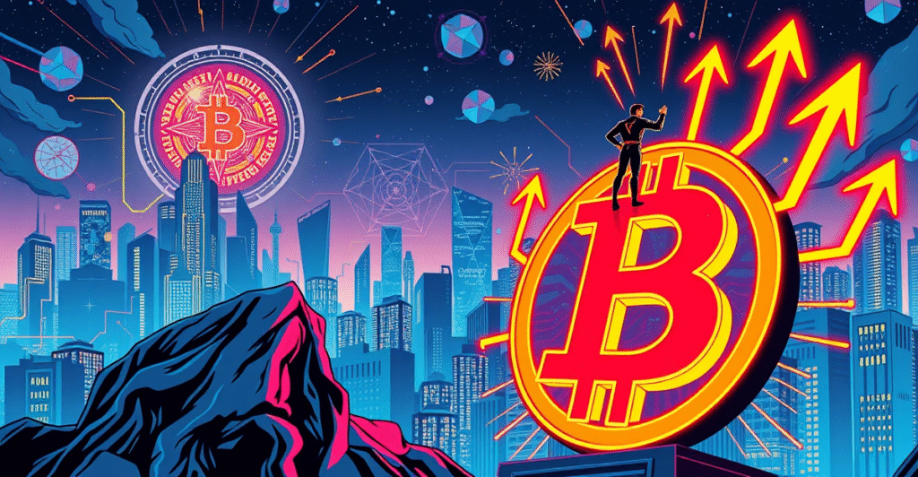 英雄人物站在巨大的比特币符号上，背景是象征区块链创新的未来城市景观，展示比特币收益策略的增长。