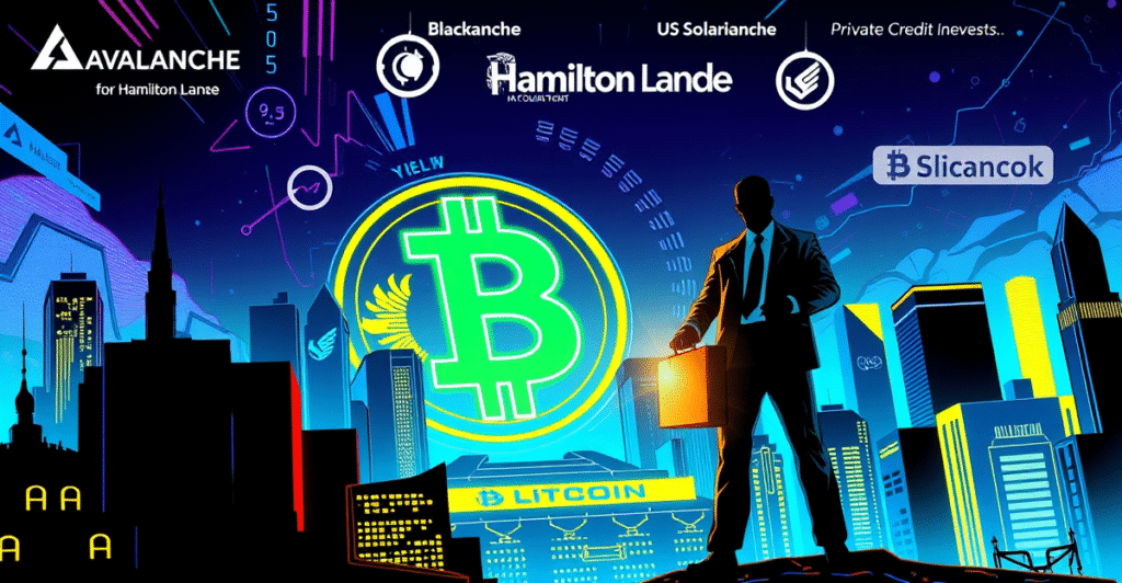 复古漫画风格的城市景观，中心是发光的比特币符号，周围环绕着美国国债和私人信贷的抽象表现，象征SolvBTC.AVAX的收益机会