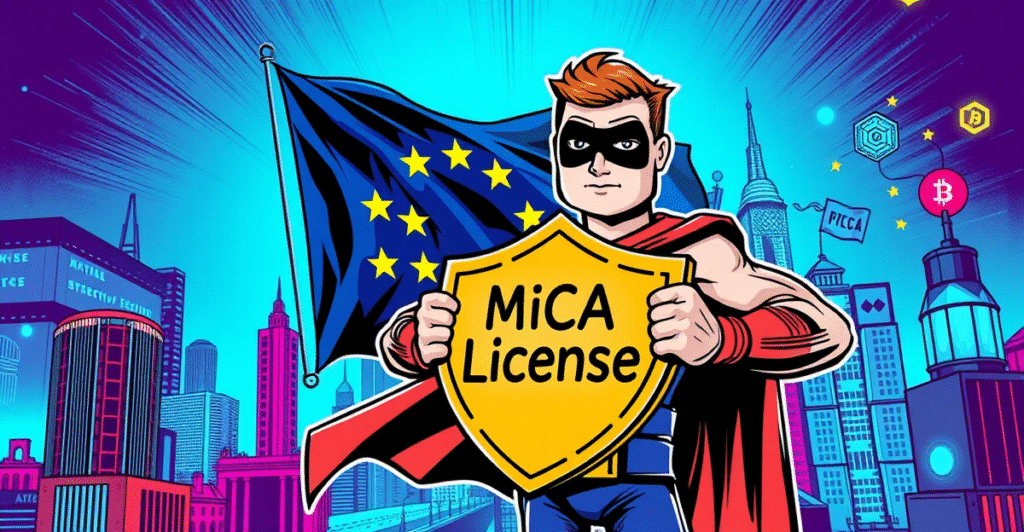 BitGo获得MiCA许可证，展示在欧盟旗帜和数字金融城市景观前的超级英雄风格角色，象征着安全和信任的里程碑。