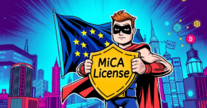 BitGo获得MiCA许可证，展示在欧盟旗帜和数字金融城市景观前的超级英雄风格角色，象征着安全和信任的里程碑。
