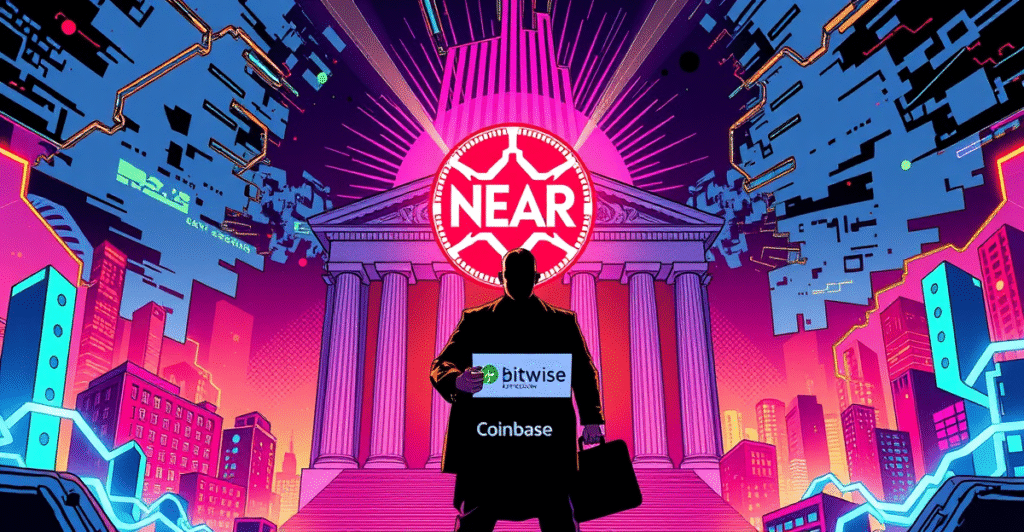 复古漫画风格封面展示NEAR协议标志，背景为SEC大楼和数字链，象征Bitwise提交的NEAR现货ETF申请