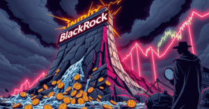 贝莱德比特币ETF资金流出，标志性场景展示比特币从BlackRock标志中流出，背景是下跌的趋势图