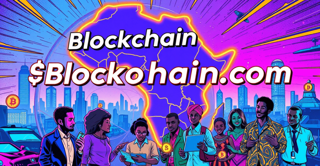 Blockchain.com的logo在非洲地图上扩展,突出显示尼日利亚、加纳和南非,象征着加密货币在非洲的扩张。