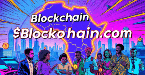 Blockchain.com的logo在非洲地图上扩展，突出显示尼日利亚、加纳和南非，象征着加密货币在非洲的扩张。