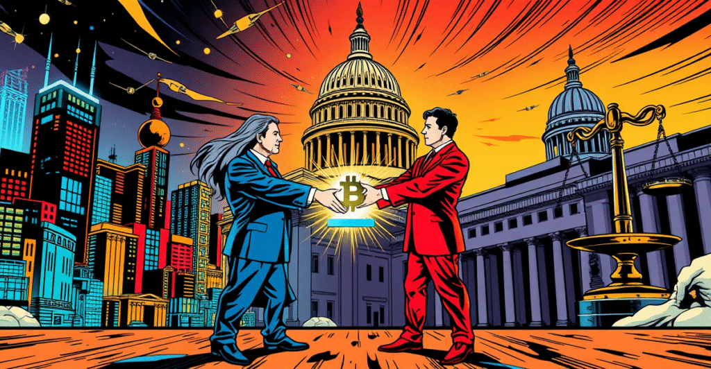 象征区块链创新与监管平衡的复古漫画封面，展示两党代表在区块链符号前握手