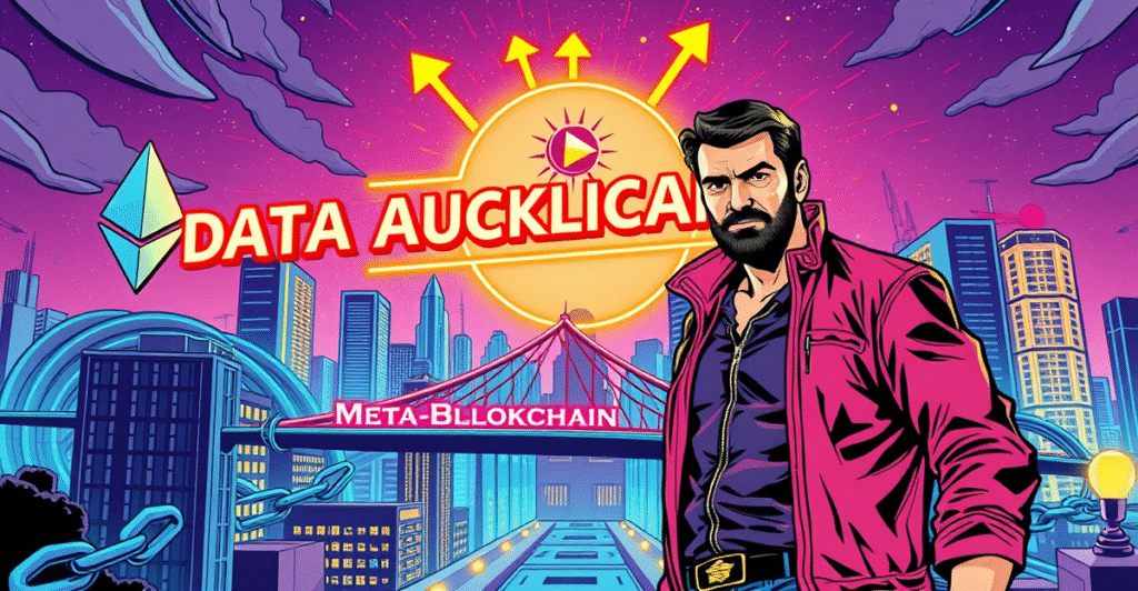 Solana Labs联合创始人Anatoly Yakovenko站在象征区块链技术的未来城市前，背景是互联的以太坊、Celestia和Solana链。