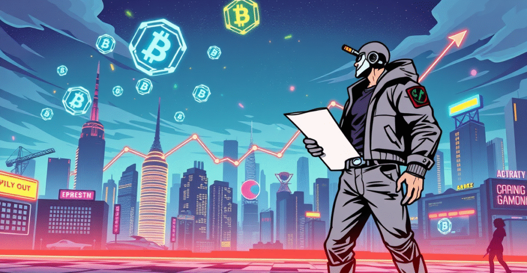 复古漫画风格插画展示区块链游戏进化，开发者手持蓝图站在未来城市前