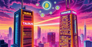 Taurus与Parafin的区块链基础设施合作，象征性地通过连接两座未来主义大厦的发光区块链链展现