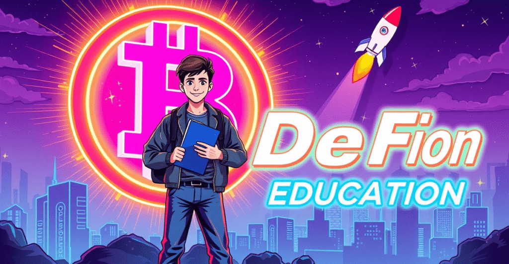 一名学生站在发光的区块链符号前,背景是未来城市景观,象征着区块链学生贷款的创新