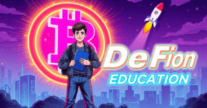 一名学生站在发光的区块链符号前，背景是未来城市景观，象征着区块链学生贷款的创新