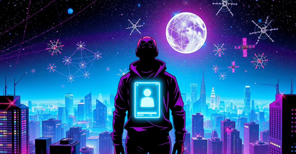 区块链技术应用的未来：数字身份验证与去中心化卫星网络的复古漫画风格插图