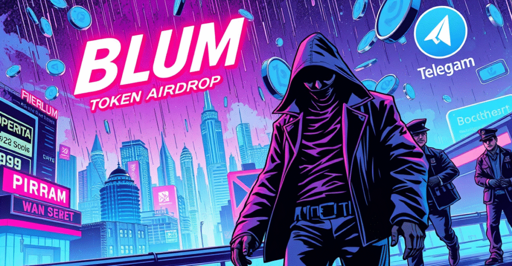 复古漫画风格插图展示Blum代币空投场景,背景为未来城市,前景为象征性被捕人物