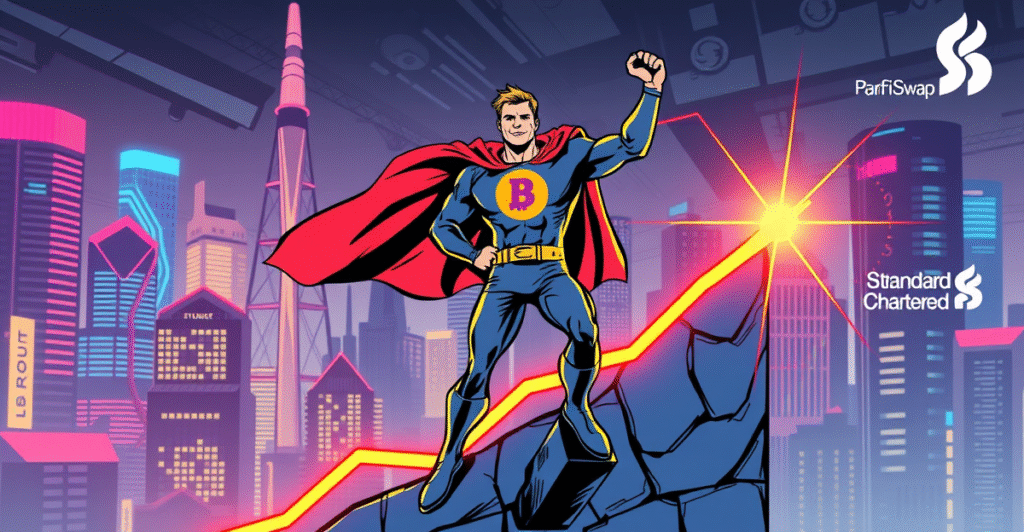 超级英雄站在上升的图表线上,胸前有BNB标志,背景是未来城市景观,象征BNB Chain的市场反弹。