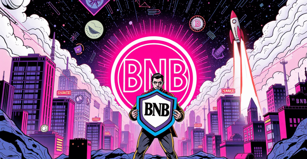 复古漫画风格封面展示BNB ETF投资机会，中心为发光的BNB标志，前景为投资者形象。