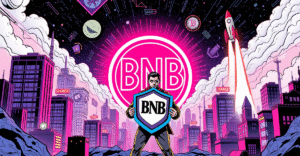 复古漫画风格封面展示BNB ETF投资机会，中心为发光的BNB标志，前景为投资者形象。