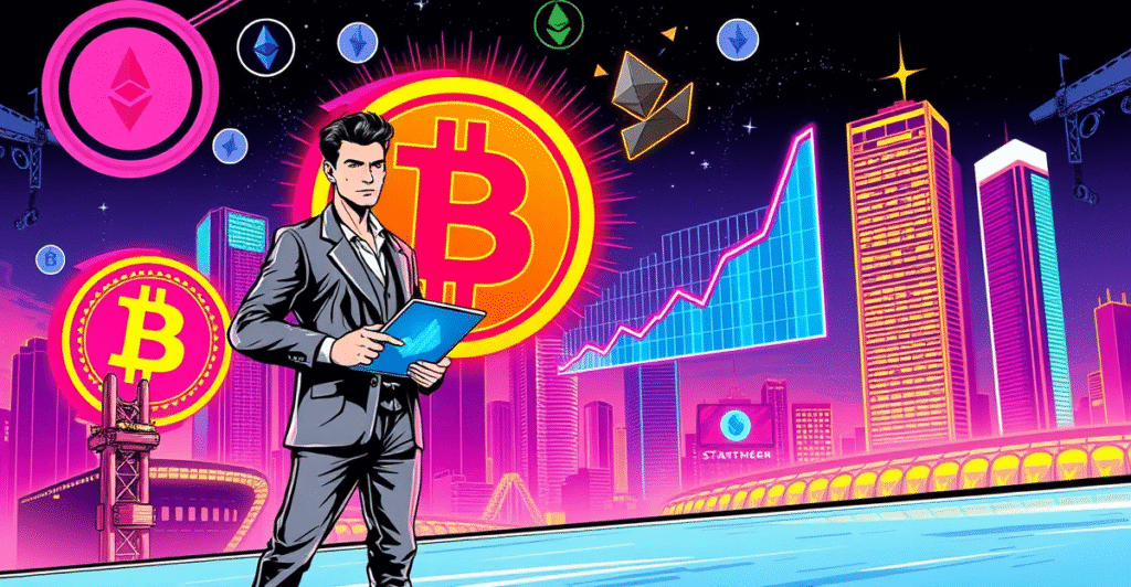 复古漫画风格封面展示巨大的BNB硬币符号和交易员,背景是未来城市和上涨的图表,象征BNB价格预测的上升趋势。