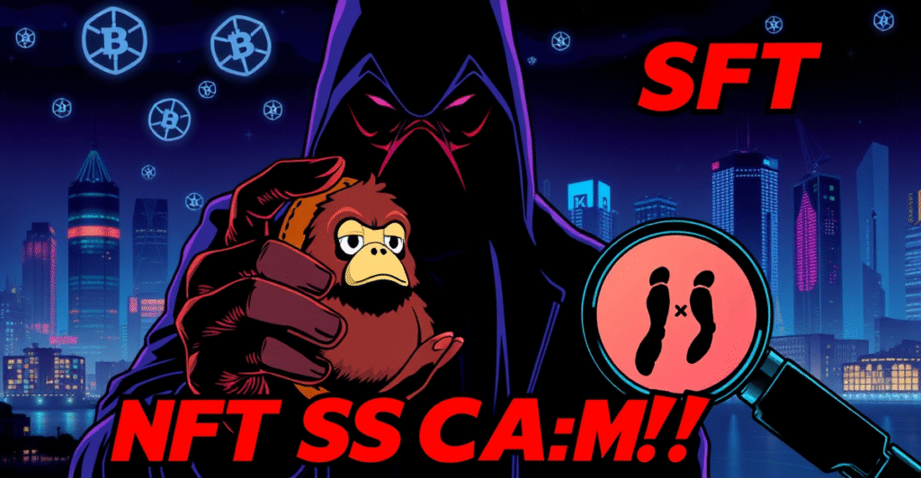 复古漫画风格封面展示Bored Ape NFT诈骗案，阴影人物持有NFT，侦探放大镜揭示错误拘留的安全研究员