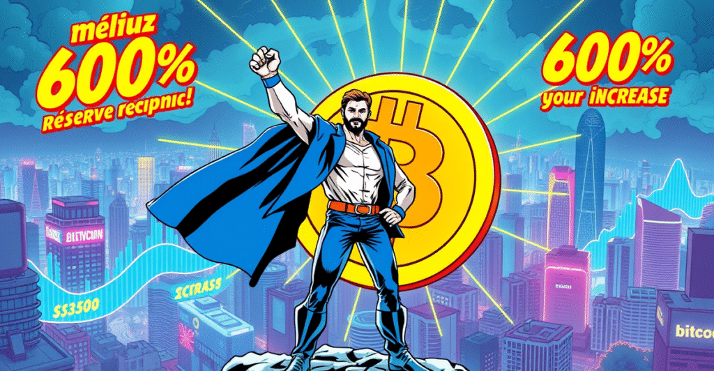 巴西首家比特币储备公司Méliuz的复古漫画封面，展示英雄形象站在巨大的比特币符号前，背景是充满活力的巴西城市和上涨的图表。