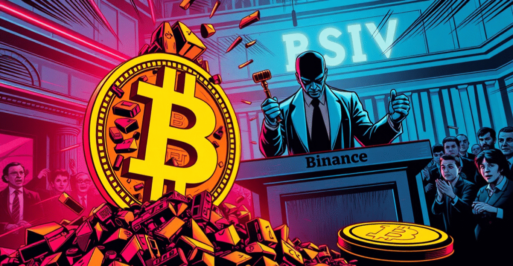 复古漫画风格插图展示BSV代币价格下跌,背景为币安交易所和法律战场景