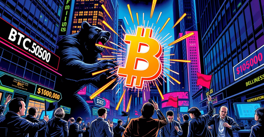 比特币（BTC）作为英雄形象在复古漫画风格封面上与熊市力量对抗，背景是霓虹灯下的华尔街和105,000美元的价格标志