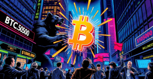 比特币（BTC）作为英雄形象在复古漫画风格封面上与熊市力量对抗，背景是霓虹灯下的华尔街和105,000美元的价格标志