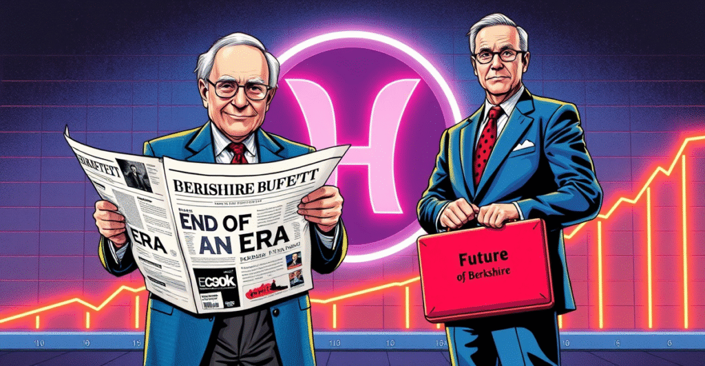 沃伦·巴菲特与格雷格·阿贝尔在复古漫画风格封面上的CEO交接场景