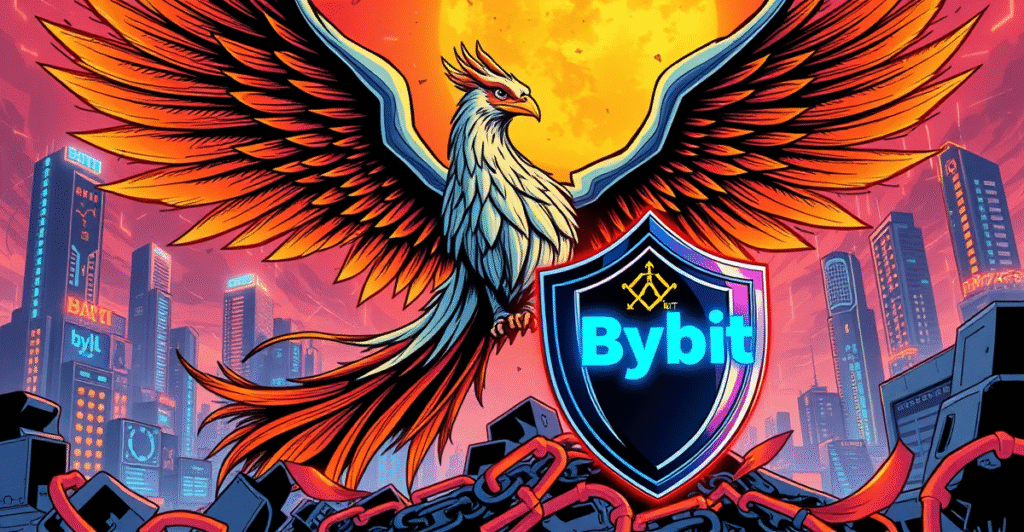 复古漫画风格封面，展示Bybit交易所像凤凰一样从2025年2月的攻击中崛起，背景是霓虹灯下的未来城市。