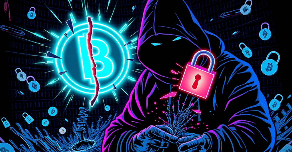 复古漫画风格插图展示Bybit黑客事件,阴影中的黑客形象与破碎的Bybit标志,背景是混乱的加密货币符号