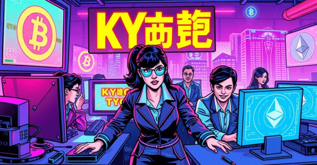 Bybit高管团队在控制室紧急修复KYC故障,背景显示加密货币符号