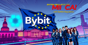 Bybit获得MiCA牌照，标志在欧盟旗帜背景下闪耀，象征其欧洲市场扩展