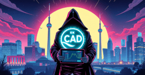 复古漫画风格封面展示加拿大稳定币QCAD与区块链技术的融合，背景为多伦多CN塔的霓虹灯效果。