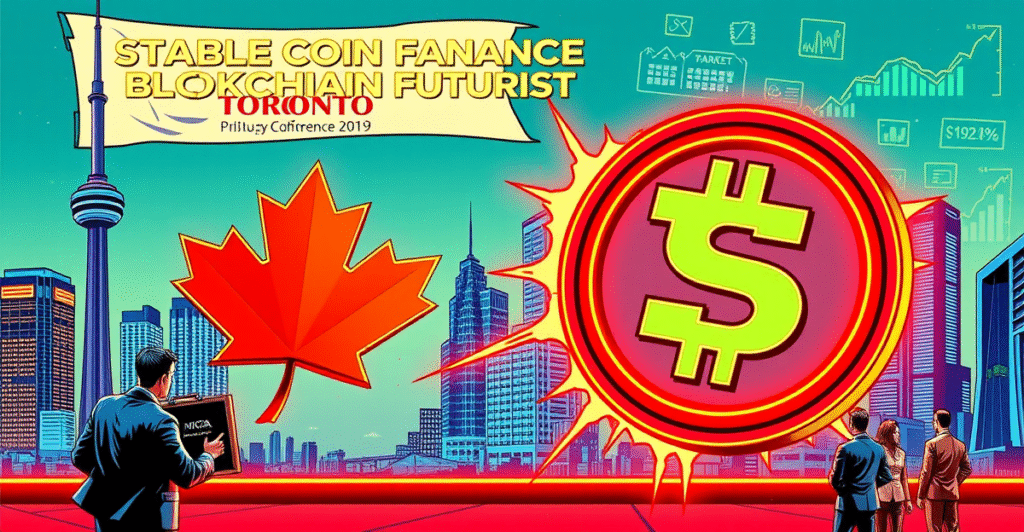 复古漫画风格封面展示加拿大稳定币监管争议,背景为多伦多未来主义天际线