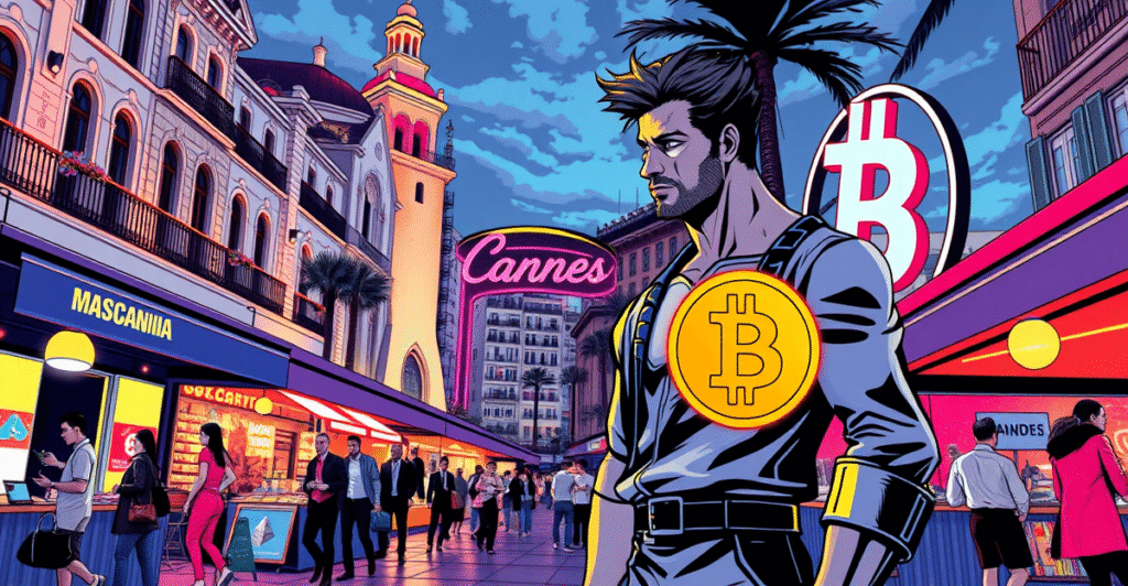 戛纳街头场景，商家和顾客使用比特币和以太坊等加密货币进行交易，背景是霓虹灯照亮的戛纳城市景观。