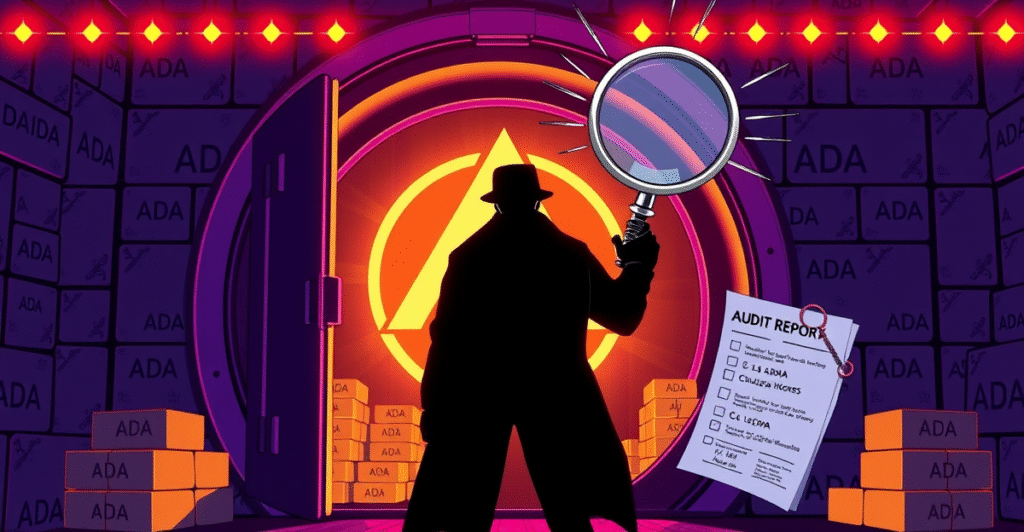 复古漫画风格封面,展示Charles Hoskinson站在Cardano标志前,背景是半开的金库门,象征审计报告的发布。