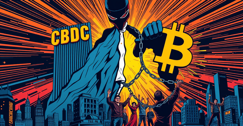 复古漫画风格封面展示CBDC与比特币的对抗，象征金融自由与控制