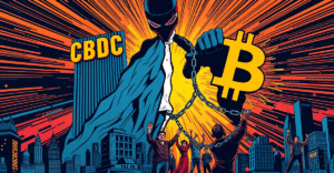 复古漫画风格封面展示CBDC与比特币的对抗，象征金融自由与控制