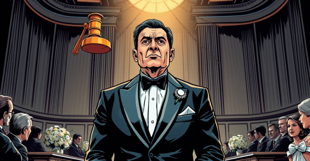 前Celsius CEO Alex Mashinsky在复古漫画风格中穿着礼服站在婚礼现场，背景融合了法庭元素