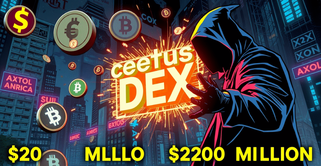 复古漫画风格插图展示Cetus DEX漏洞利用场景，阴影人物正在攻击交易所，周围漂浮着崩溃的加密货币符号。
