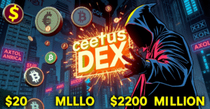 复古漫画风格插图展示Cetus DEX漏洞利用场景，阴影人物正在攻击交易所，周围漂浮着崩溃的加密货币符号。