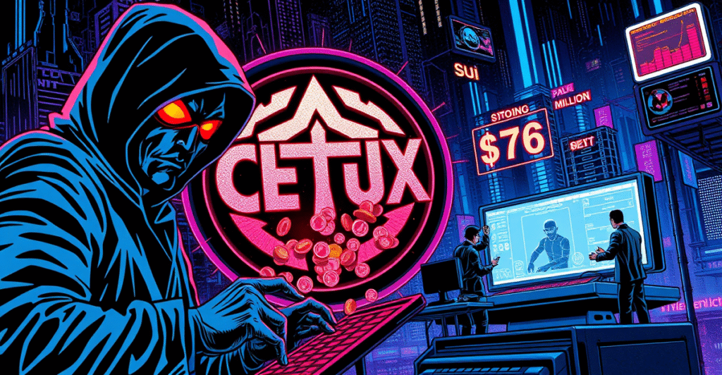 复古漫画风格插图展示Cetus DEX黑客攻击，阴影中的黑客与冻结的资金形成对比