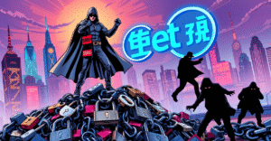 一名白帽黑客站在数字锁链上，象征追回被盗资产，背景是Sui区块链的未来城市景观。