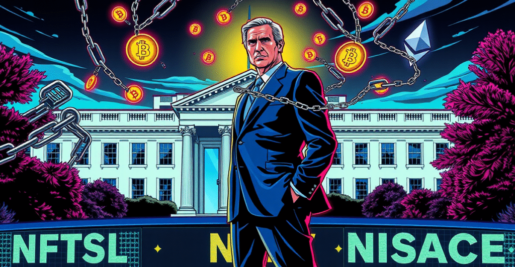 CFTC主席候选人Brian Quintenz站在白宫前，周围环绕着加密货币符号，象征其与加密世界的联系。