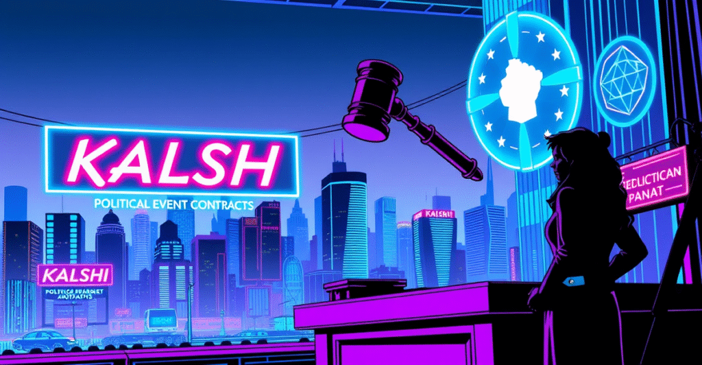 复古漫画风格插图展示CFTC撤销对Kalshi上诉的法庭场景，背景是未来城市和霓虹标志。